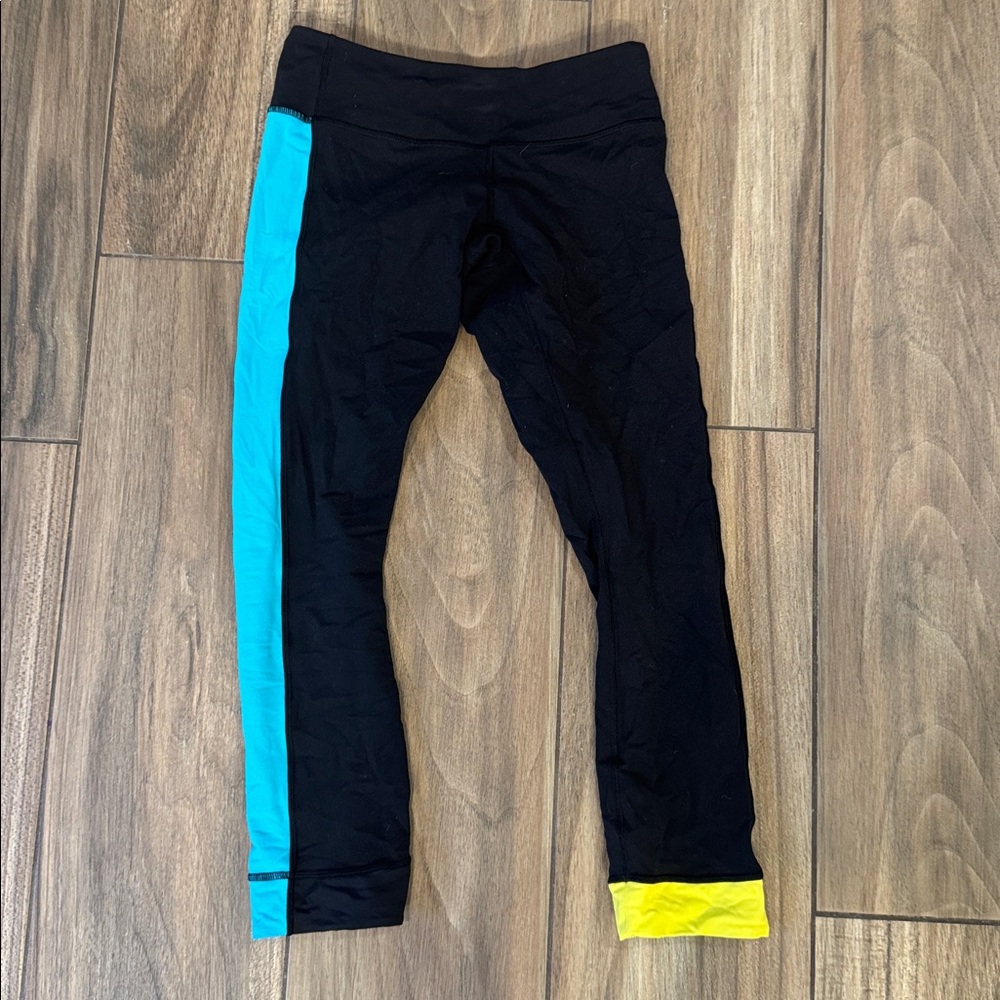 Lululemon Black Leggings with Blue and Yellow Accents